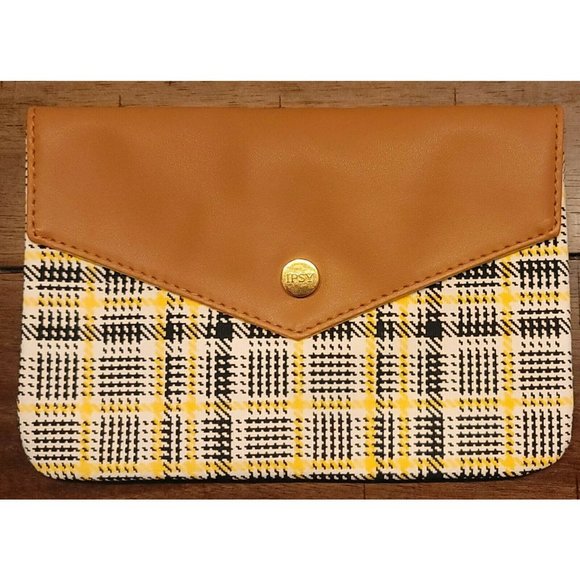 ipsy Handbags - Ipsy Glam Bag Makeup Sept. 2021 Yellow Plaid GOLD button Foe Brown Leather flap